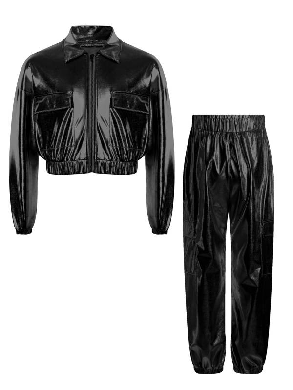 Kids 2pcs Metallic Long Sleeve Jacket and Shiny Pants Set for Jazz Dance thumb