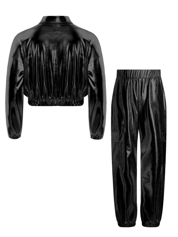 Kids 2pcs Metallic Long Sleeve Jacket and Shiny Pants Set for Jazz Dance thumb