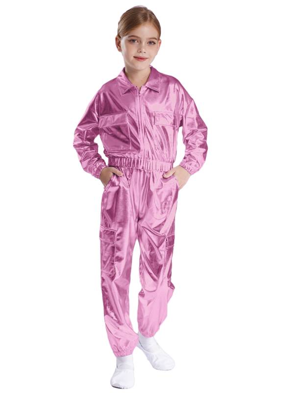 Kids 2pcs Metallic Long Sleeve Jacket and Shiny Pants Set for Jazz Dance thumb
