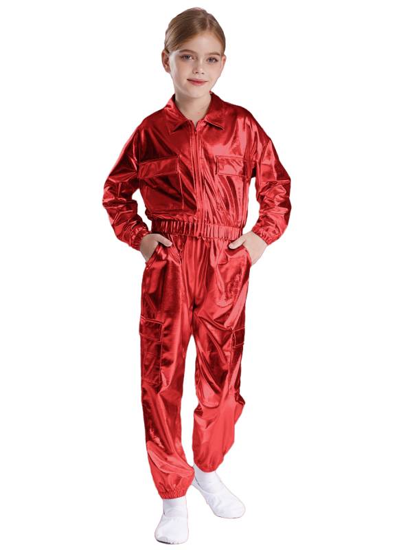 Kids 2pcs Metallic Long Sleeve Jacket and Shiny Pants Set for Jazz Dance thumb