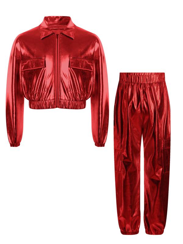 Kids 2pcs Metallic Long Sleeve Jacket and Shiny Pants Set for Jazz Dance thumb