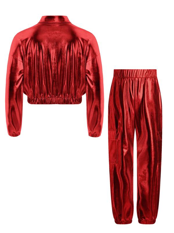 Kids 2pcs Metallic Long Sleeve Jacket and Shiny Pants Set for Jazz Dance thumb