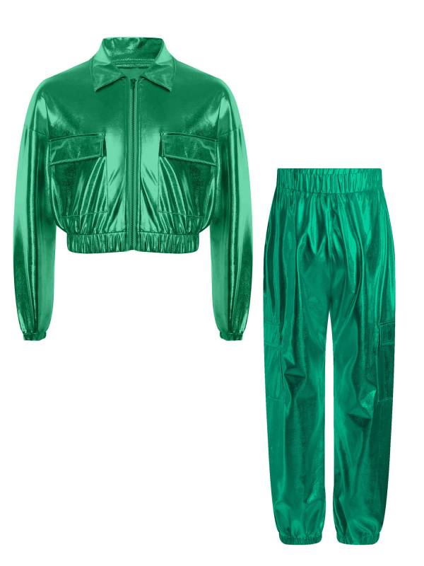 Kids 2pcs Metallic Long Sleeve Jacket and Shiny Pants Set for Jazz Dance thumb