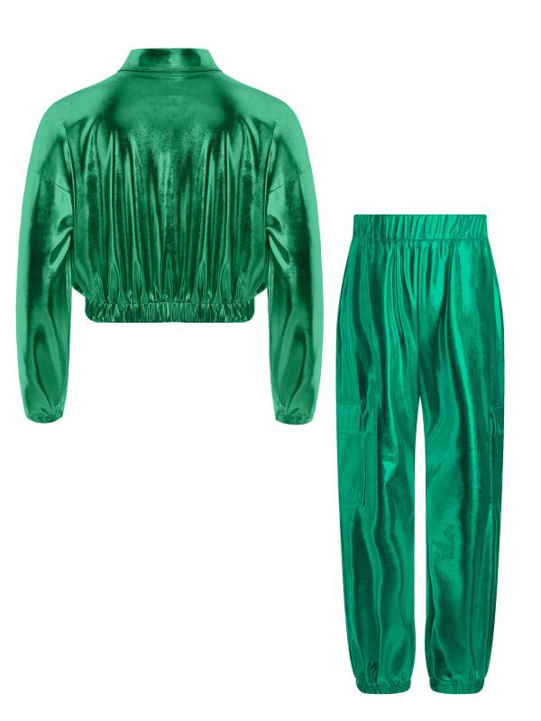 Kids 2pcs Metallic Long Sleeve Jacket and Shiny Pants Set for Jazz Dance thumb