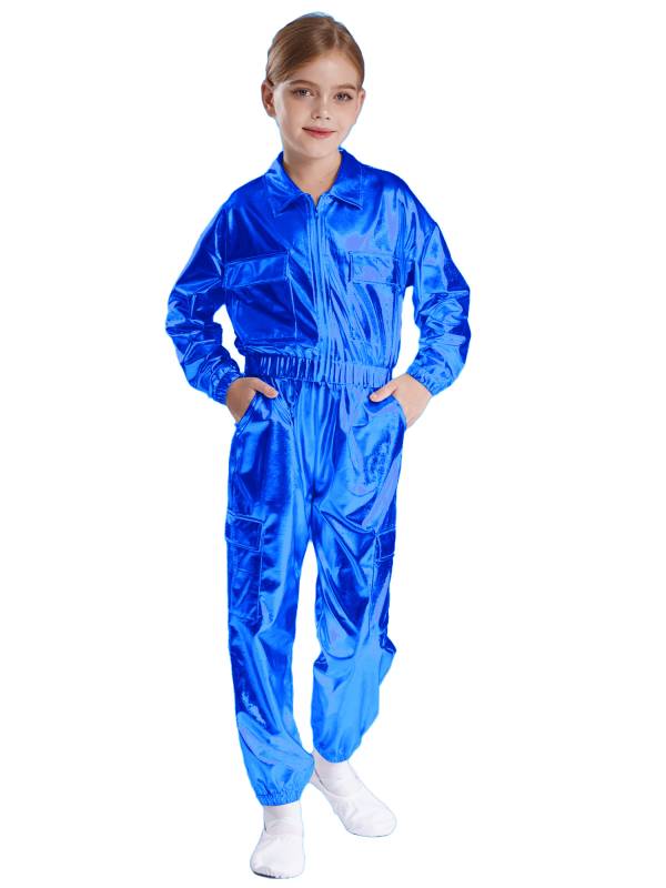 Kids 2pcs Metallic Long Sleeve Jacket and Shiny Pants Set for Jazz Dance thumb