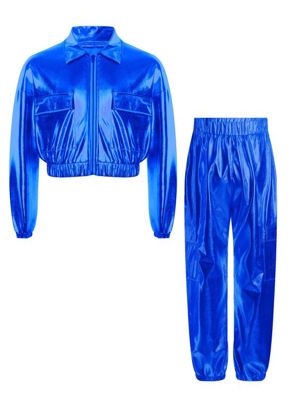 Kids 2pcs Metallic Long Sleeve Jacket and Shiny Pants Set for Jazz Dance thumb