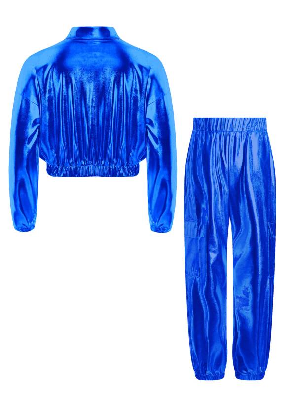 Kids 2pcs Metallic Long Sleeve Jacket and Shiny Pants Set for Jazz Dance thumb