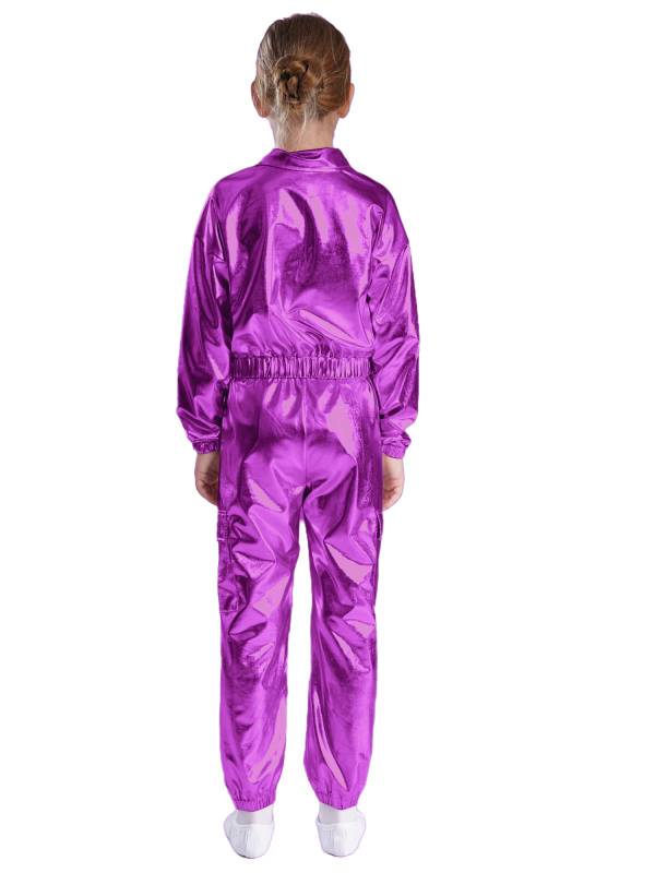 Kids 2pcs Metallic Long Sleeve Jacket and Shiny Pants Set for Jazz Dance thumb