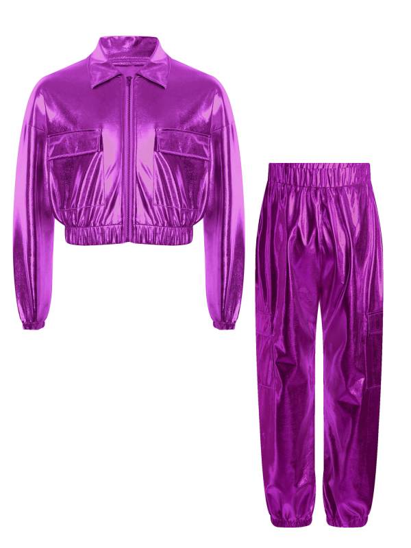Kids 2pcs Metallic Long Sleeve Jacket and Shiny Pants Set for Jazz Dance thumb