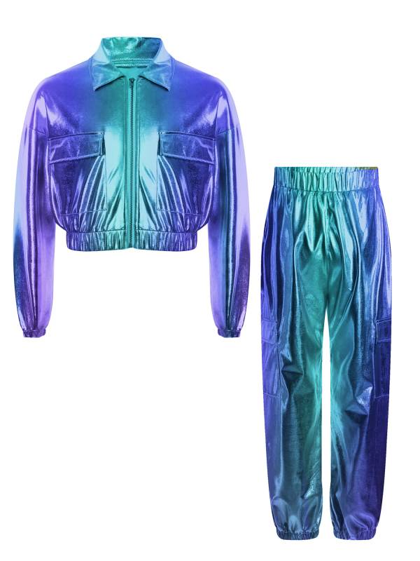 Kids 2pcs Metallic Long Sleeve Jacket and Shiny Pants Set for Jazz Dance thumb
