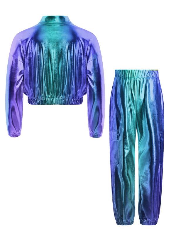 Kids 2pcs Metallic Long Sleeve Jacket and Shiny Pants Set for Jazz Dance thumb