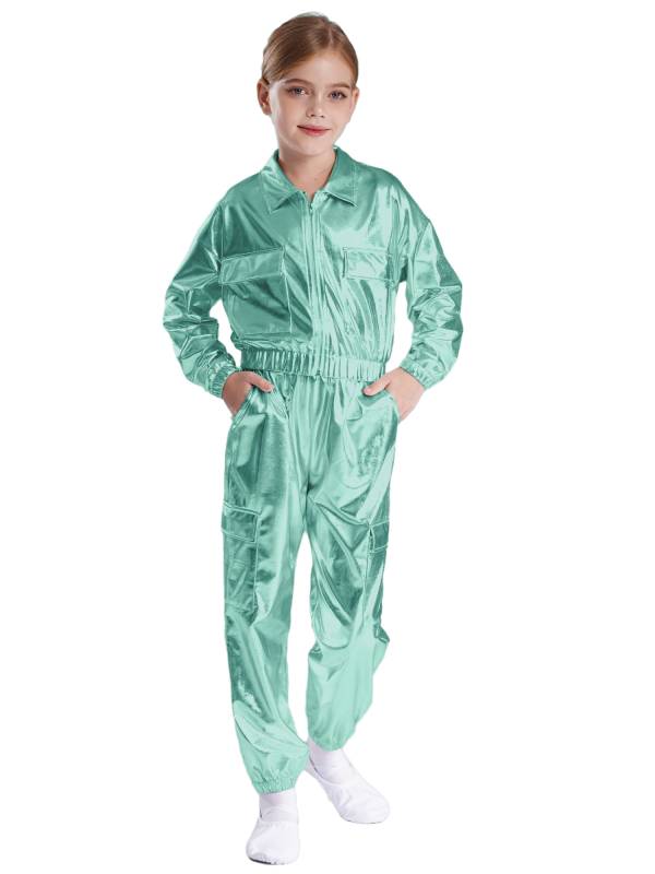 Kids 2pcs Metallic Long Sleeve Jacket and Shiny Pants Set for Jazz Dance thumb