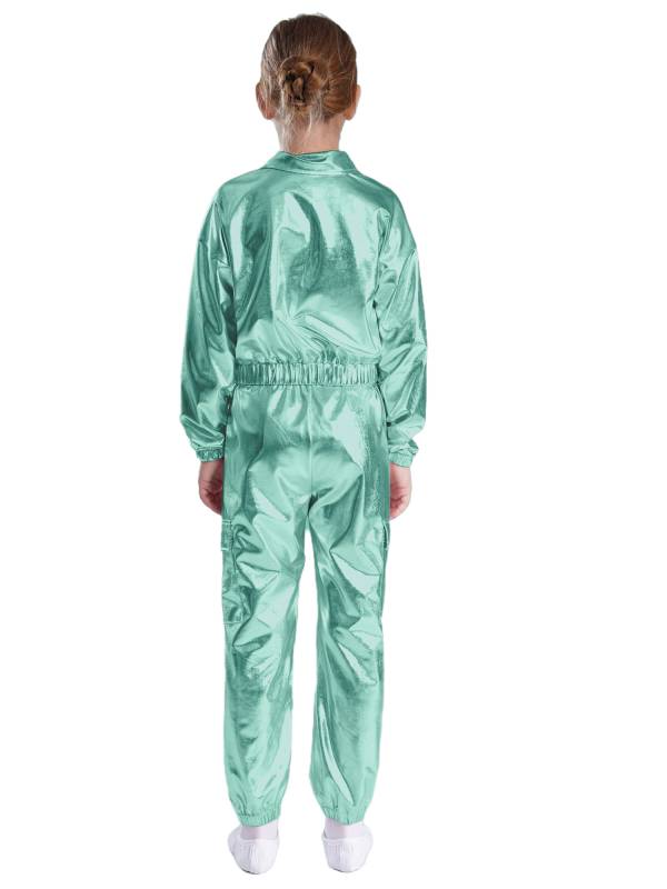 Kids 2pcs Metallic Long Sleeve Jacket and Shiny Pants Set for Jazz Dance thumb