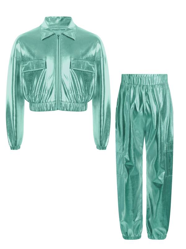 Kids 2pcs Metallic Long Sleeve Jacket and Shiny Pants Set for Jazz Dance thumb