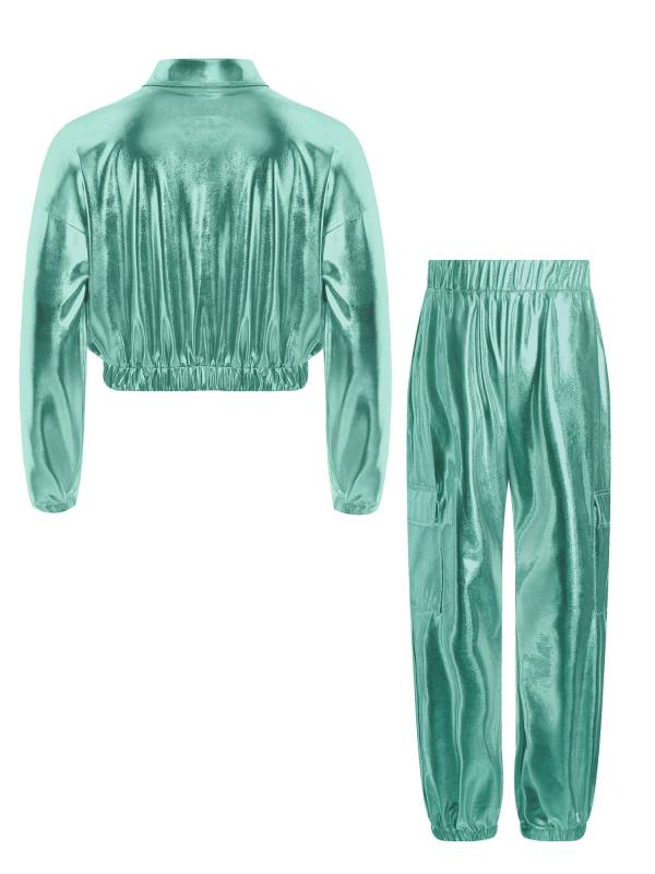 Kids 2pcs Metallic Long Sleeve Jacket and Shiny Pants Set for Jazz Dance thumb