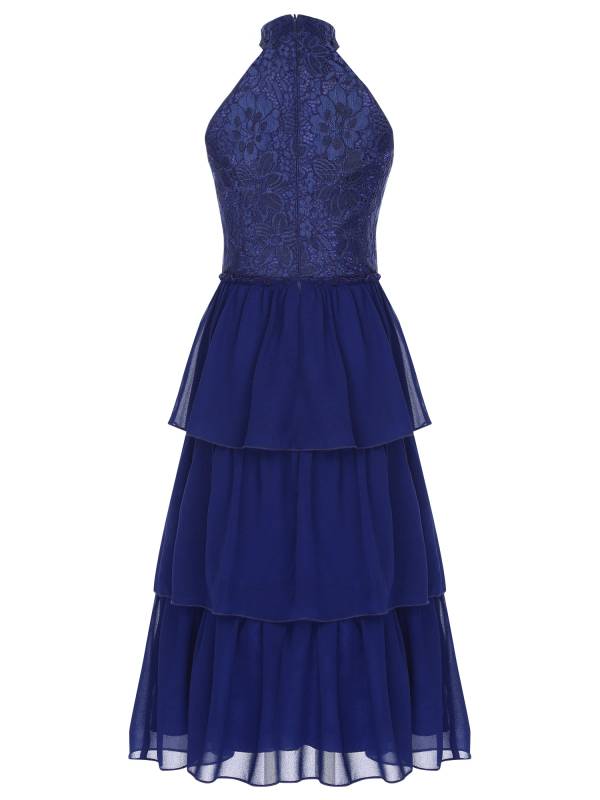 Kids Girls Halter Sleeveless Floral Lace Tiered Ruffles Flower Girls Dress thumb