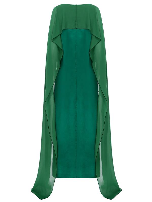 Women Long Robe Round Neck Satin Party Dress with Chiffon Cape thumb