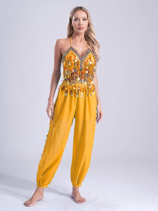 Women 2pcs Sequins Tassel Padded Crop Top and Pants Belly Dance Outfit thumb