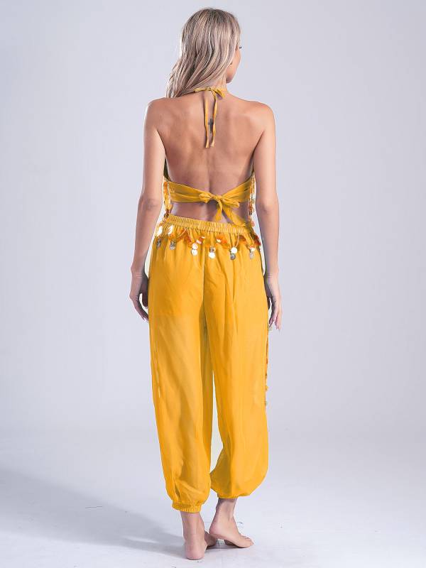Women 2pcs Sequins Tassel Padded Crop Top and Pants Belly Dance Outfit thumb