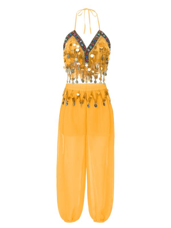 Women 2pcs Sequins Tassel Padded Crop Top and Pants Belly Dance Outfit thumb