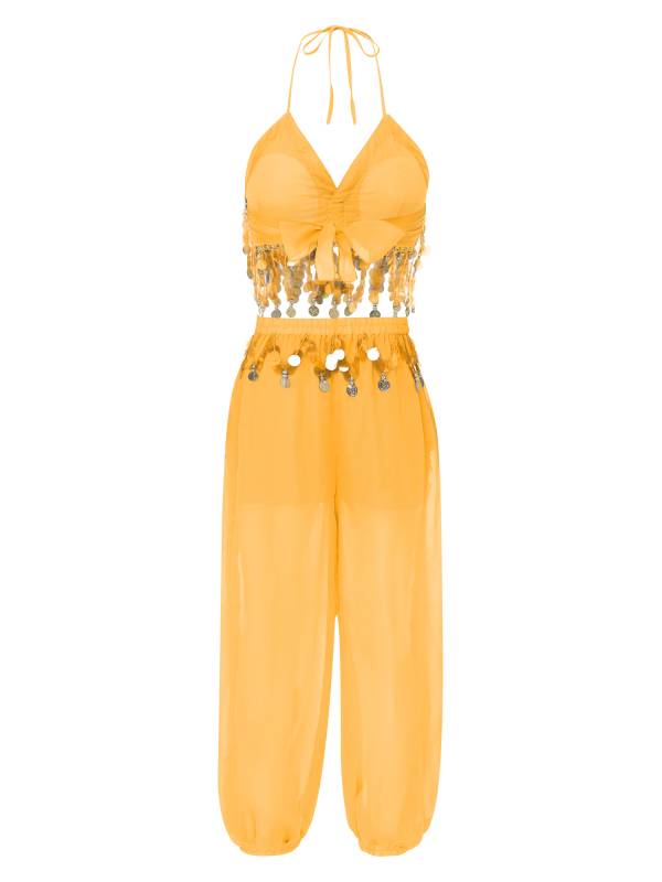 Women 2pcs Sequins Tassel Padded Crop Top and Pants Belly Dance Outfit thumb