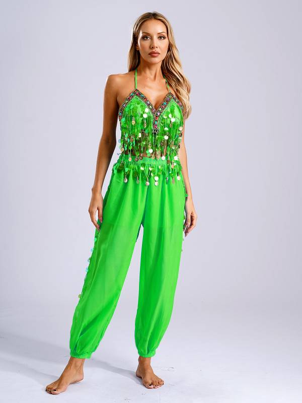 Women 2pcs Sequins Tassel Padded Crop Top and Pants Belly Dance Outfit thumb