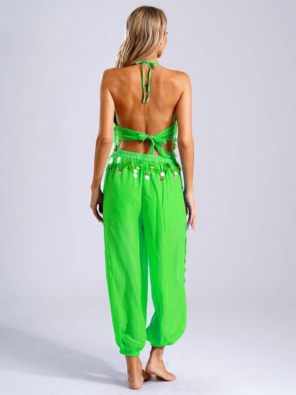 Women 2pcs Sequins Tassel Padded Crop Top and Pants Belly Dance Outfit thumb