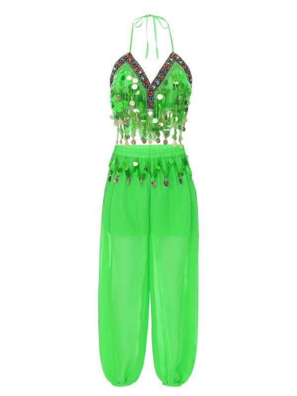 Women 2pcs Sequins Tassel Padded Crop Top and Pants Belly Dance Outfit thumb