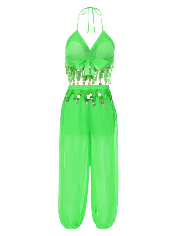 Women 2pcs Sequins Tassel Padded Crop Top and Pants Belly Dance Outfit thumb