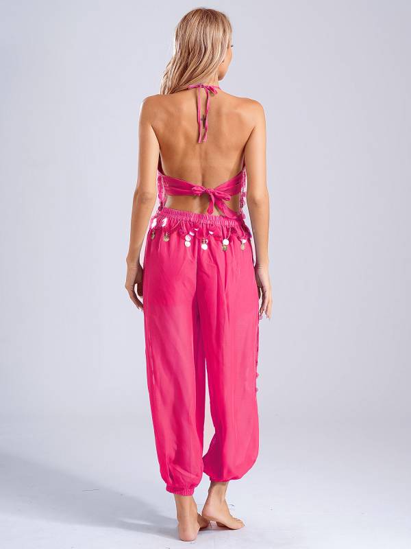 Women 2pcs Sequins Tassel Padded Crop Top and Pants Belly Dance Outfit thumb