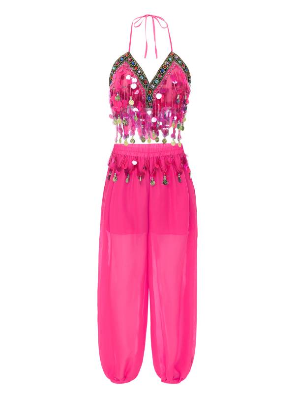 Women 2pcs Sequins Tassel Padded Crop Top and Pants Belly Dance Outfit thumb
