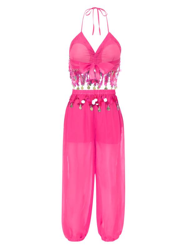Women 2pcs Sequins Tassel Padded Crop Top and Pants Belly Dance Outfit thumb