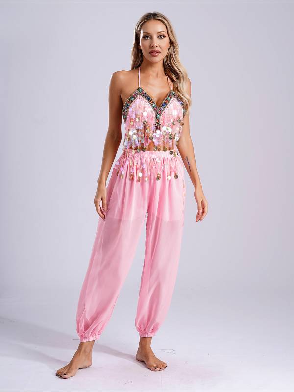 Women 2pcs Sequins Tassel Padded Crop Top and Pants Belly Dance Outfit thumb
