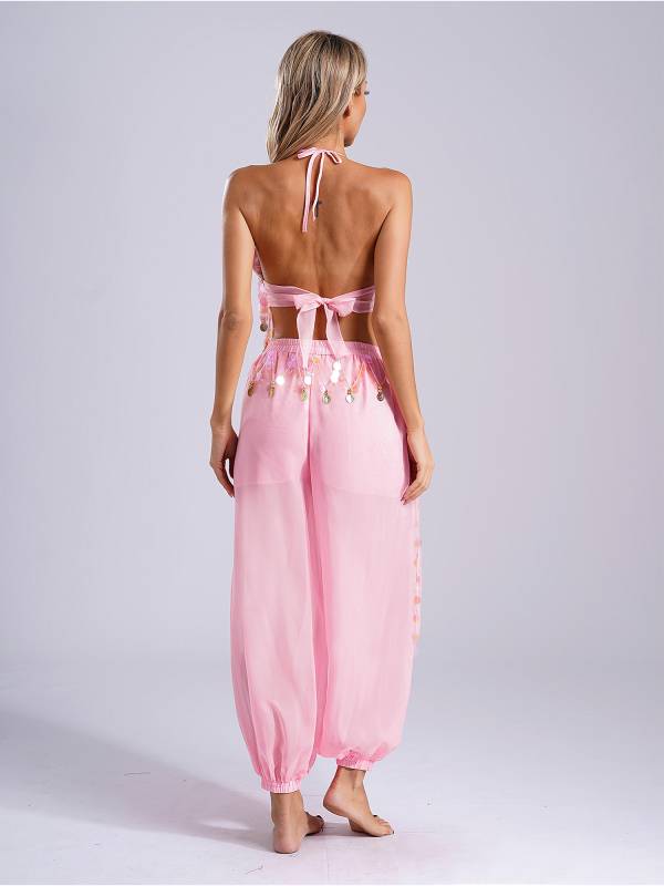 Women 2pcs Sequins Tassel Padded Crop Top and Pants Belly Dance Outfit thumb