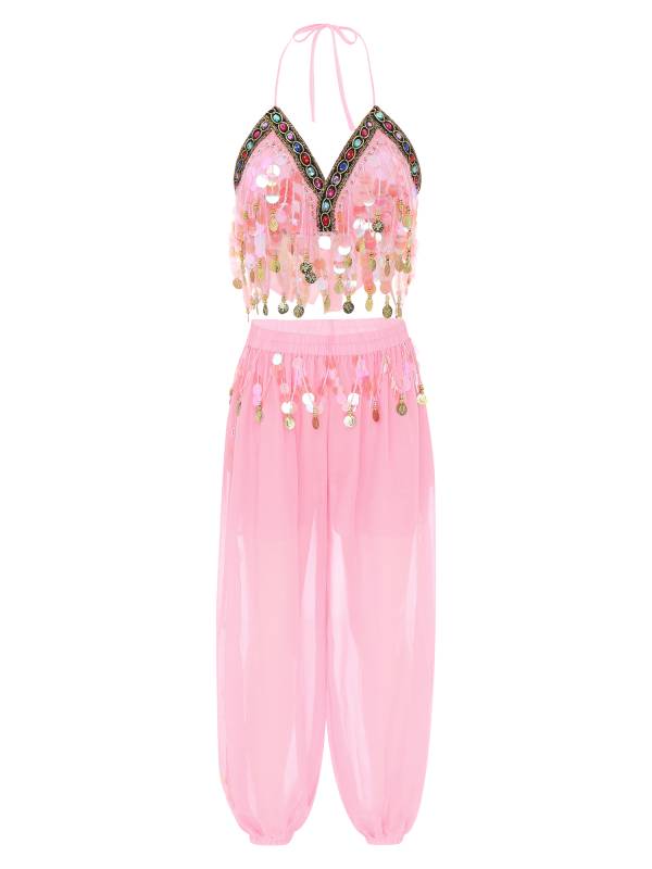 Women 2pcs Sequins Tassel Padded Crop Top and Pants Belly Dance Outfit thumb