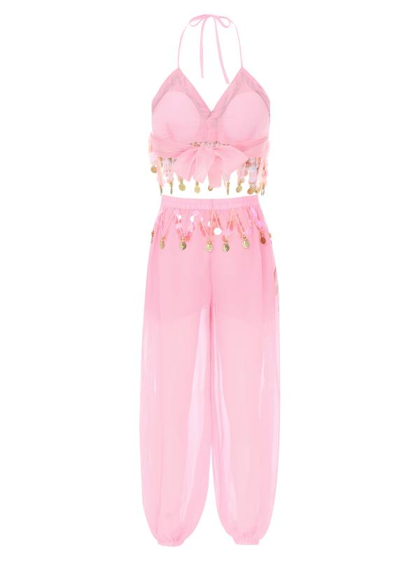 Women 2pcs Sequins Tassel Padded Crop Top and Pants Belly Dance Outfit thumb