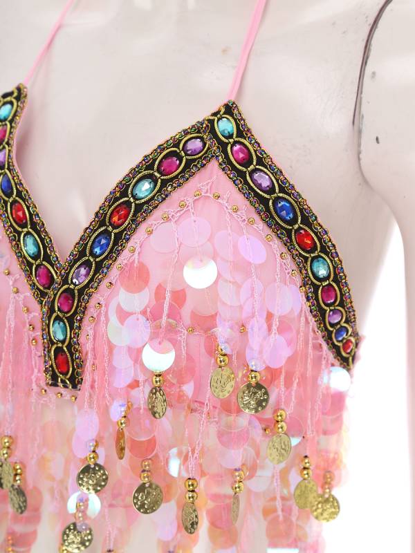Women 2pcs Sequins Tassel Padded Crop Top and Pants Belly Dance Outfit thumb
