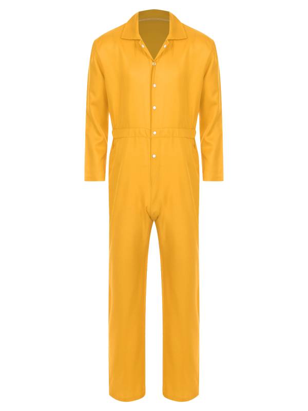 Men Turn-down Collar Long Sleeve Button-up Worker Coveralls Jumpsuit thumb