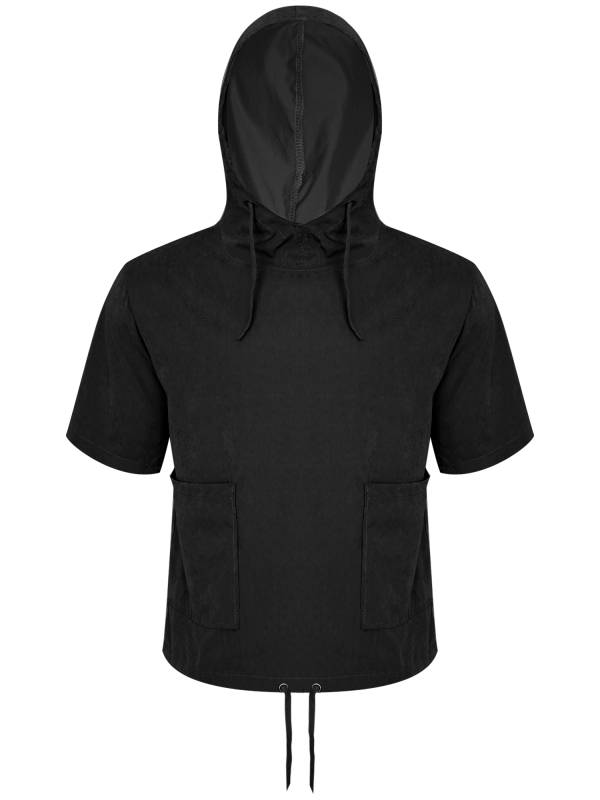 Men Half Sleeve Solid Color Drawstring Pullover Sports Hoodie thumb