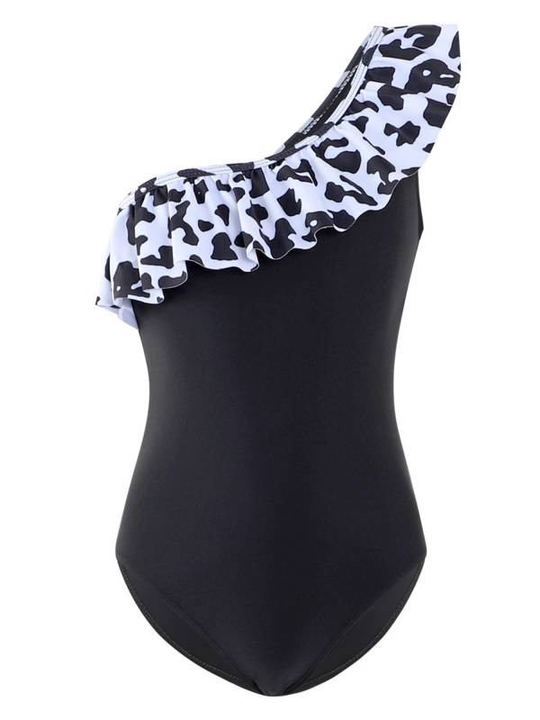 Girl One Shoulder Sleeveless Ruffle Hawaiian One Piece Swimsuit thumb