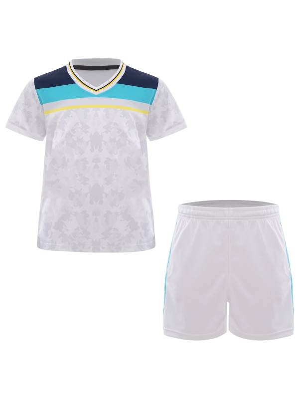 Kids Boys V-neck Short Sleeve Jersey T-shirt and Shorts Football Sports Set thumb