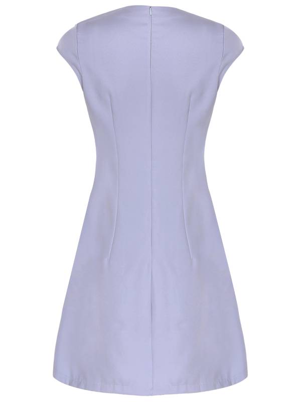 Women Round Neck Cap Sleeve Solid Color A-Line Party Dress thumb