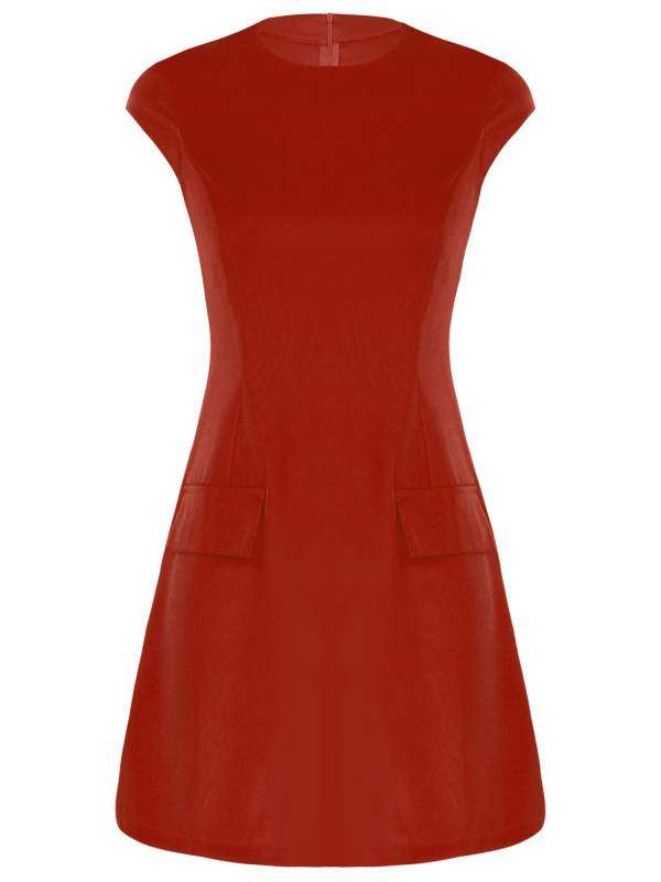 Women Round Neck Cap Sleeve Solid Color A-Line Party Dress thumb