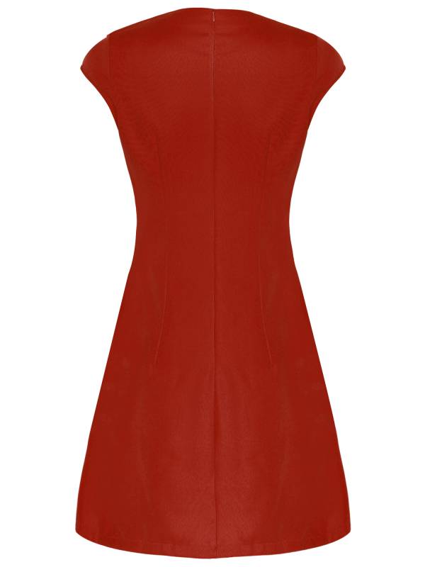 Women Round Neck Cap Sleeve Solid Color A-Line Party Dress thumb