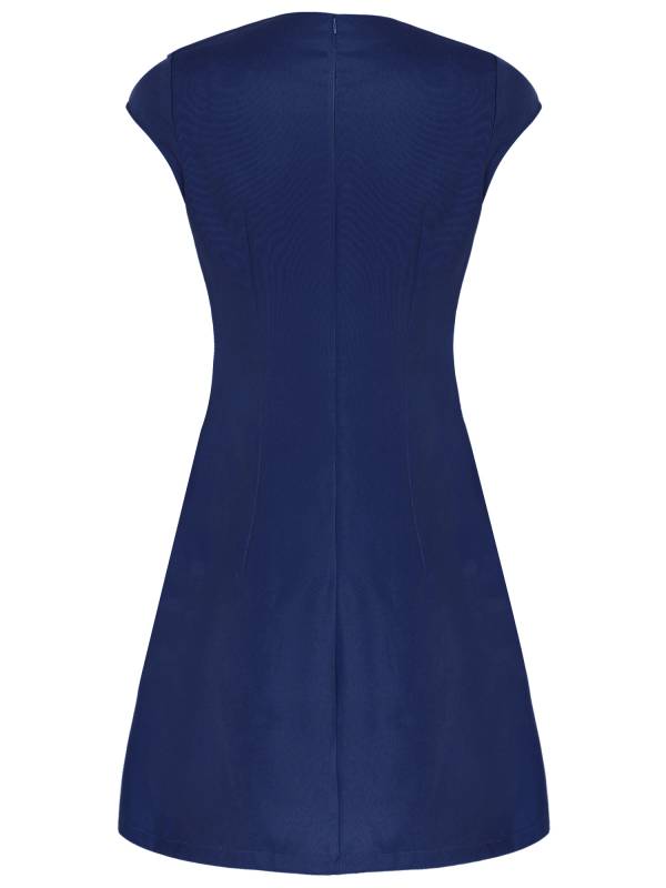 Women Round Neck Cap Sleeve Solid Color A-Line Party Dress thumb