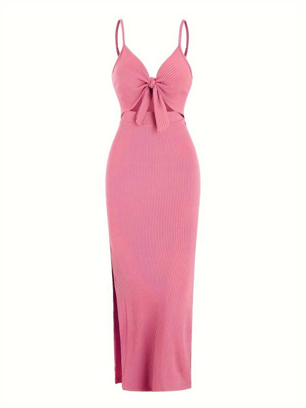 Women V Neck Backless Side Slit Maxi Bodycon Dress for Beach Vacation thumb
