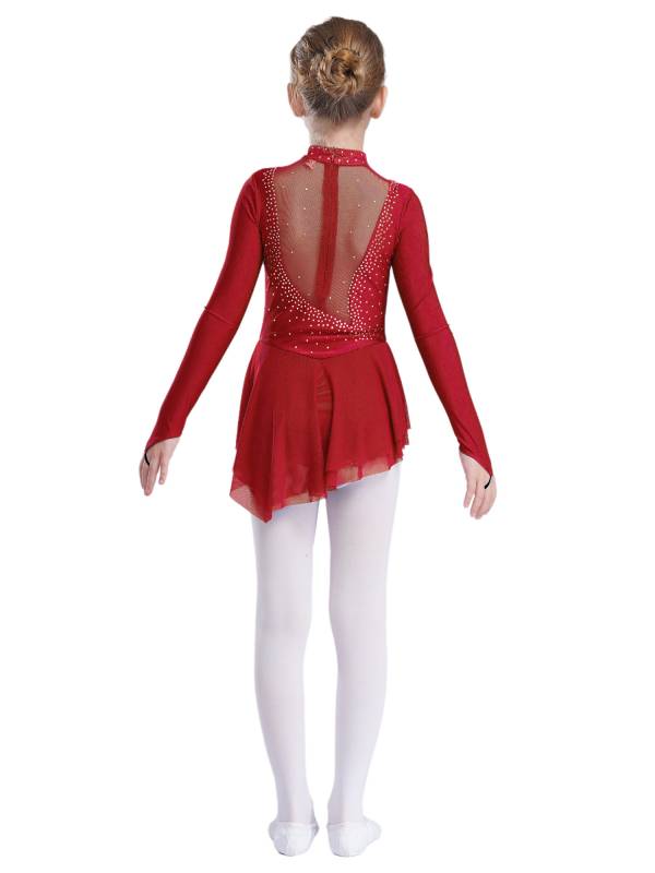 Kids Girls Long Sleeve Mesh Rhinestones Asymmetrical Skating Leotard Dress thumb