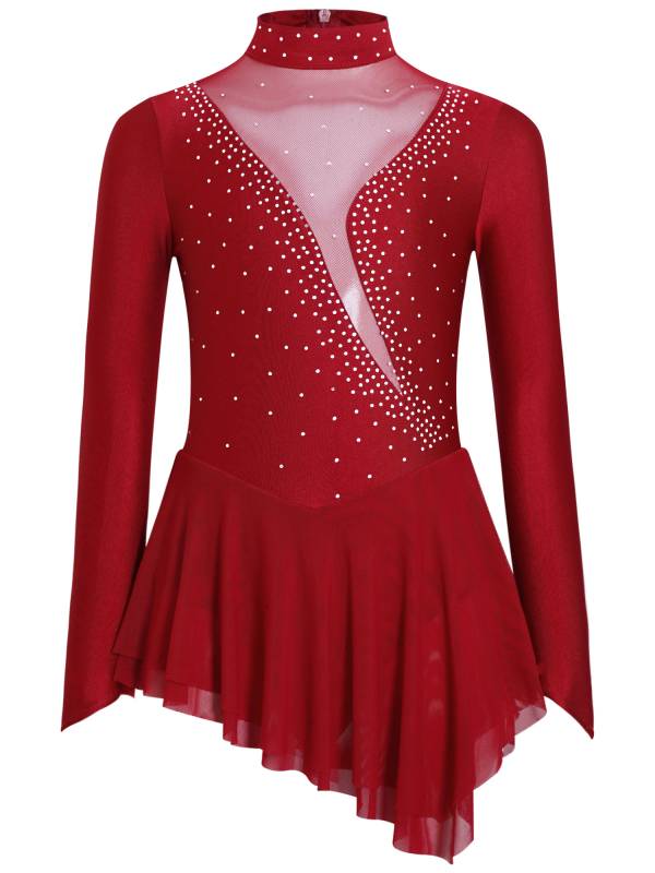 Kids Girls Long Sleeve Mesh Rhinestones Asymmetrical Skating Leotard Dress thumb