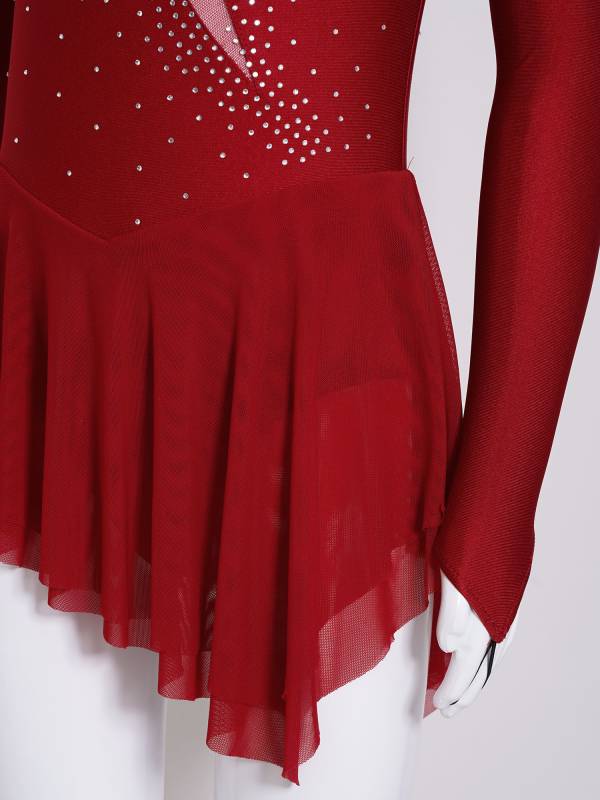 Kids Girls Long Sleeve Mesh Rhinestones Asymmetrical Skating Leotard Dress thumb