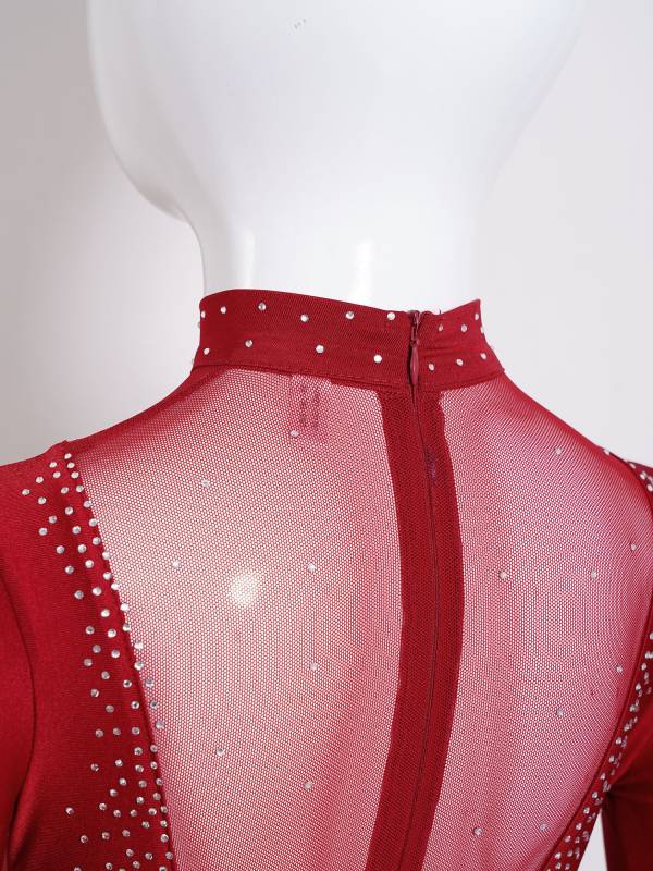 Kids Girls Long Sleeve Mesh Rhinestones Asymmetrical Skating Leotard Dress thumb